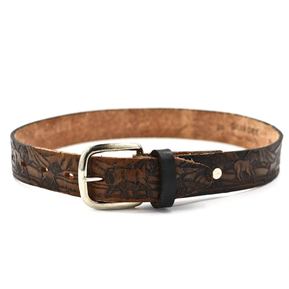 Artisan Embossed Leather Belt with Silver Buckle‎